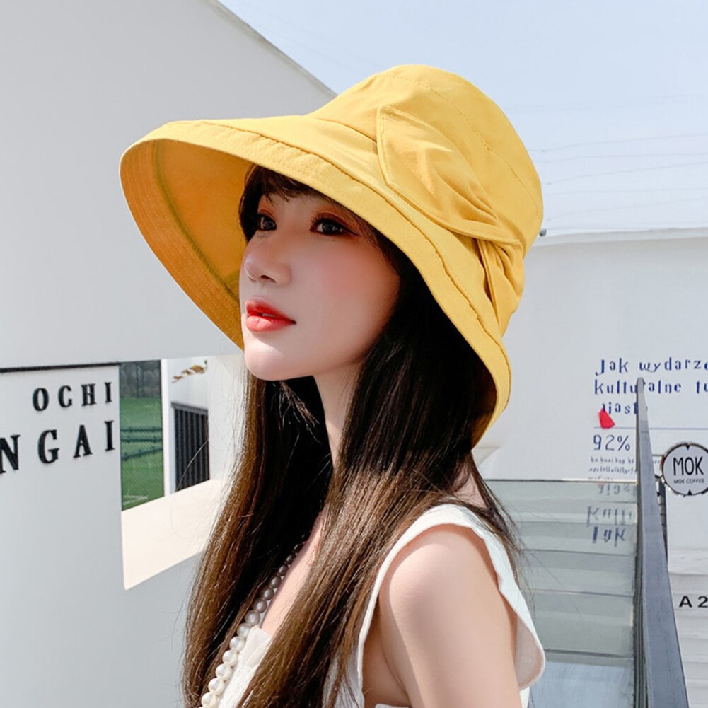 Women Solid Color Bowknot Wide Brim UV Protection Summer Sun Hat Bucket Cap