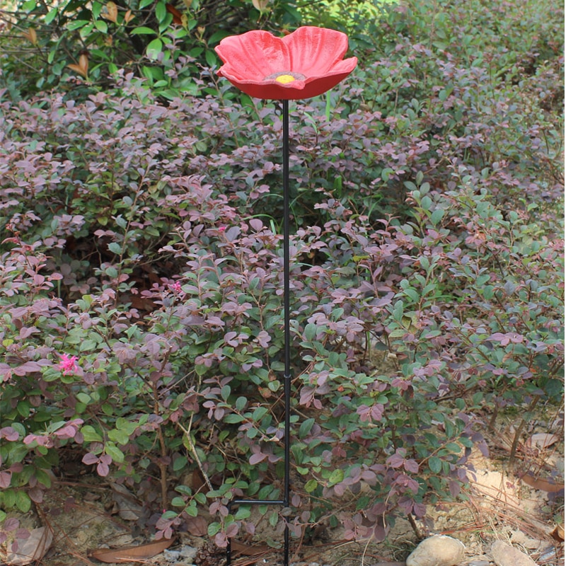 European Vintage Hand Paint Red Sakura Oriental Cherry Flower Cast Iron Bird Feeder Plate with Long Plug Metal Bird Bath