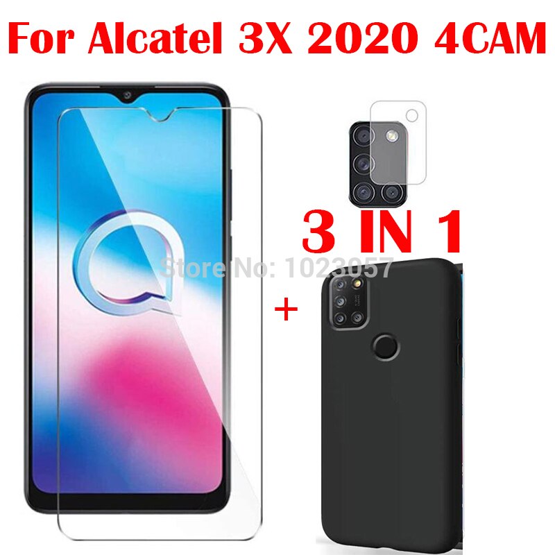 3-w-1 miękki futerał + kamera szkło hartowane dla Alcatel 3X 2020 4krzywka ScreenProtector szkło dla Alcatel 3X 2020 4krzywka 2.5D szkło: 3 in 1 czarny case