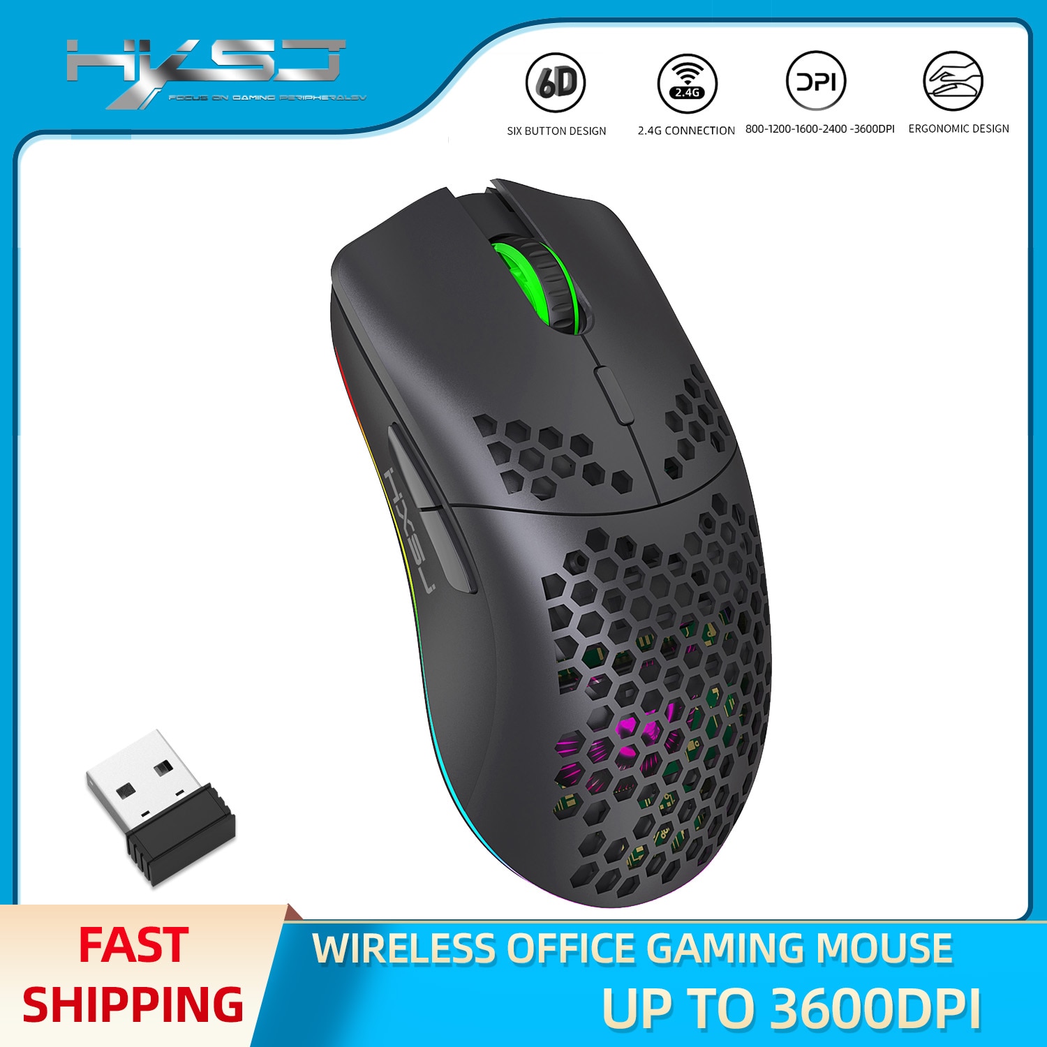 HXSJ Hole Heat Dissipation Light 2.4G Wireless Mouse Rechargeable 3600DPI Adjustable RGB Lighting for Notebook PC