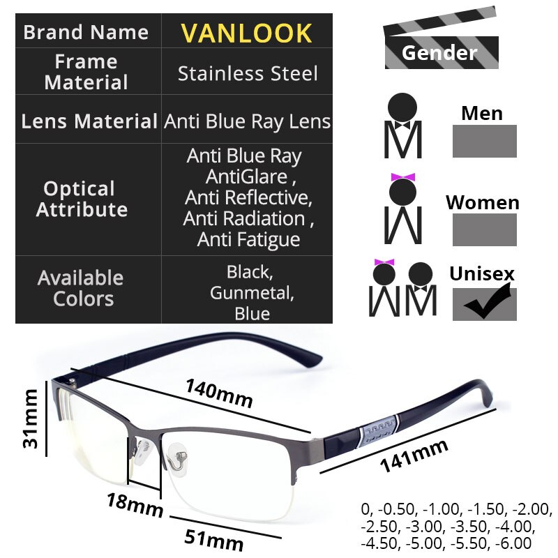 Gafas para miopía para hombre, lentes antirayos azules para ordenador, medio marco 0-0,50-1,0-1,50-2,00-2,50-4,00-4,50-5,00-5,50-6,00