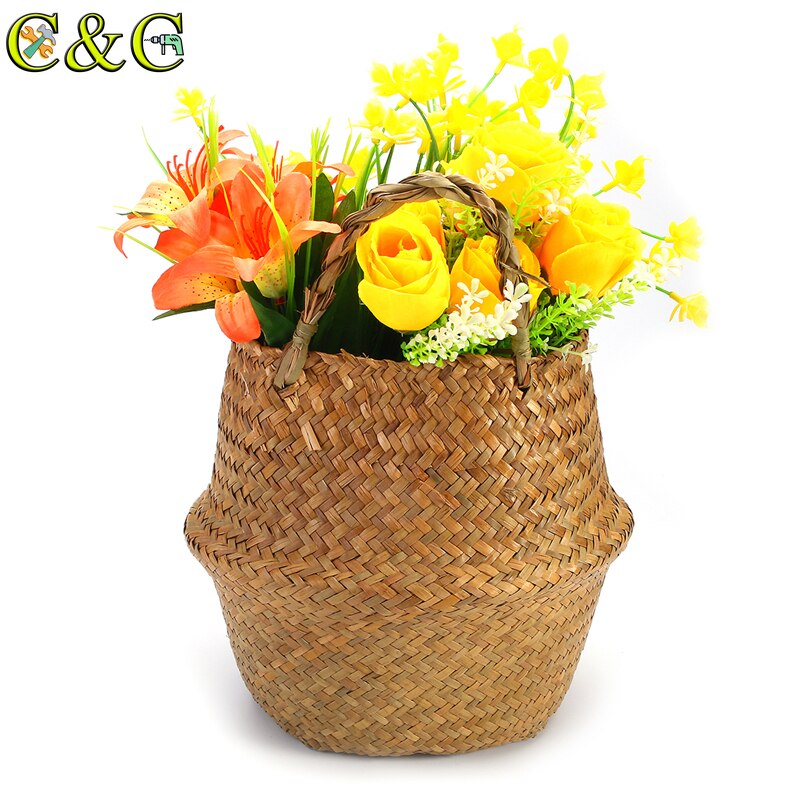 Folding Flower Pot Plant Straw Storage Seagrass Baskets Flower Vase Handmade Hanging Basket Flower Home Decor