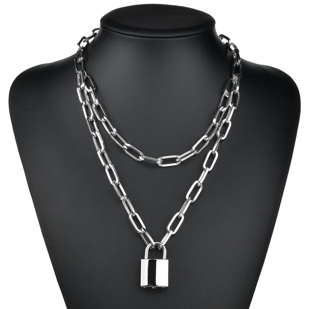Dobbeltlag store link kæde halskæde guld sølv farve hængelås vedhæng halskæder til kvinder luksus smykker