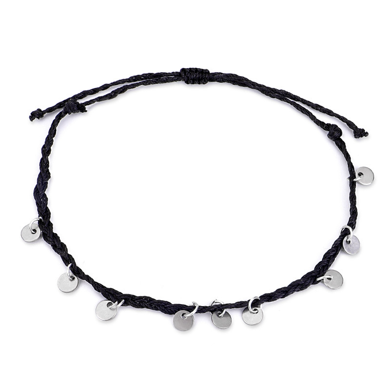 Bracelet de cheville en fil de cire tissé à la main avec pendentif en forme de disque de cuivre, bijou de plage simple pour femmes