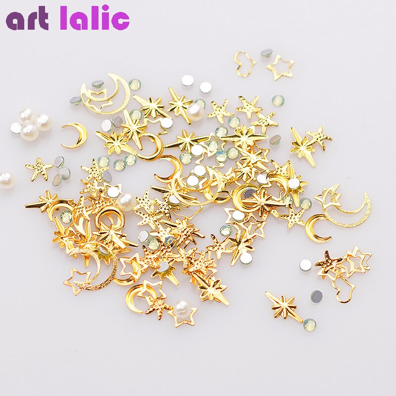Mélange de rivets à ongles dorés, étoile, lune, strass, Punk, bijoux à ongles argent 3D, décoration pour manucure