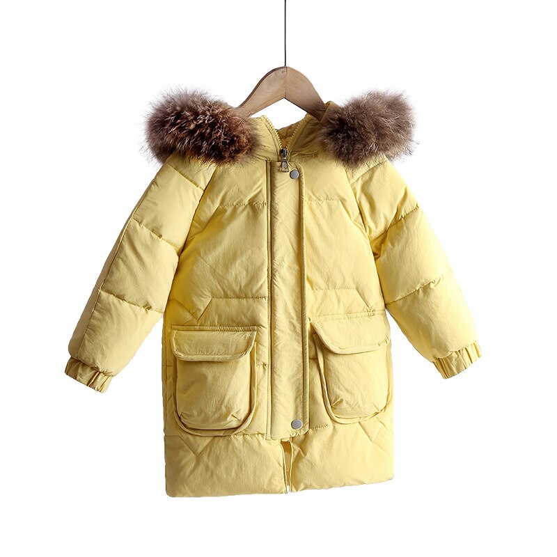 Winter kinder donsjack kinderen halflange dikke jassen jongens & meisjes bovenkleding baby's koreaanse stijl bontkraag kleding: Geel / 8