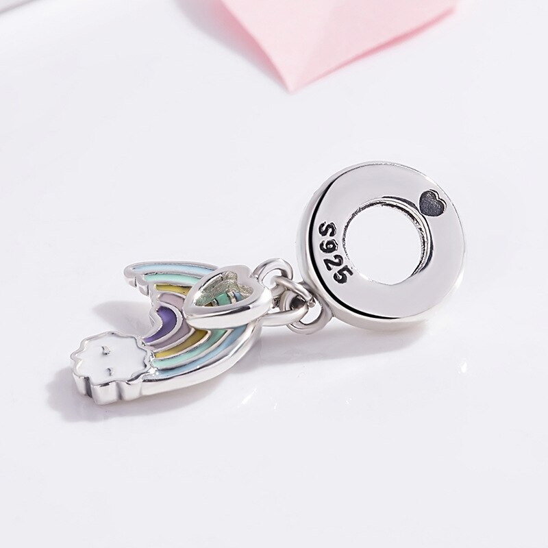 Genuine 925 Sterling Silver Charm Enamel Rainbow Of Love Heart Engraved Life Beads Fit Pan Bracelet & Necklace Jewelry