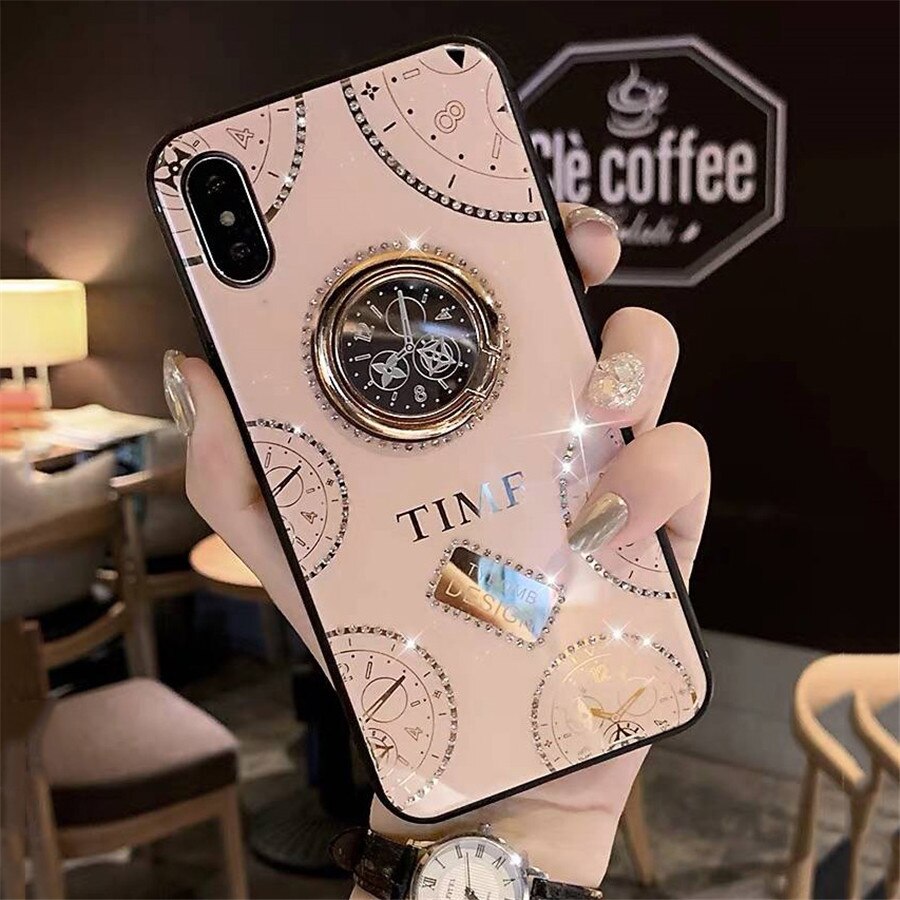 Glitter Luxus Strass Telefon Fall Für iphone 11 Pro XS Max XR X iphone 7 8 plus 6s 3D Ring halterung Zurück Abdeckung fundas: for iphone 6plus 6sp / Rose Time