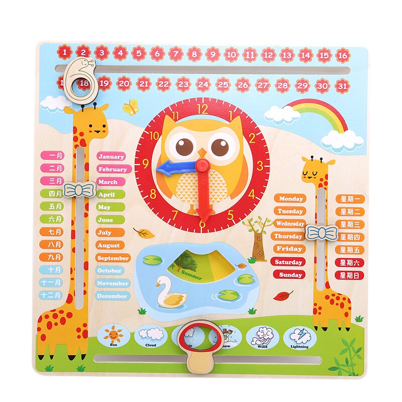 Houten speelgoed voor kinderen, vroege leerontwikkeling, multifunctionele houten hangklok met kalender, klok, maand, weer