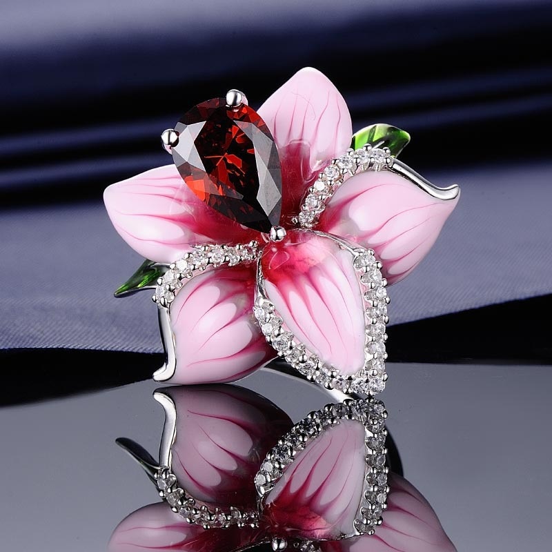 Rosa rosa flor anel feminino strass anéis de casamento para mulheres vintage jóias dedo anel feminino boho festa grandes anéis senhoras