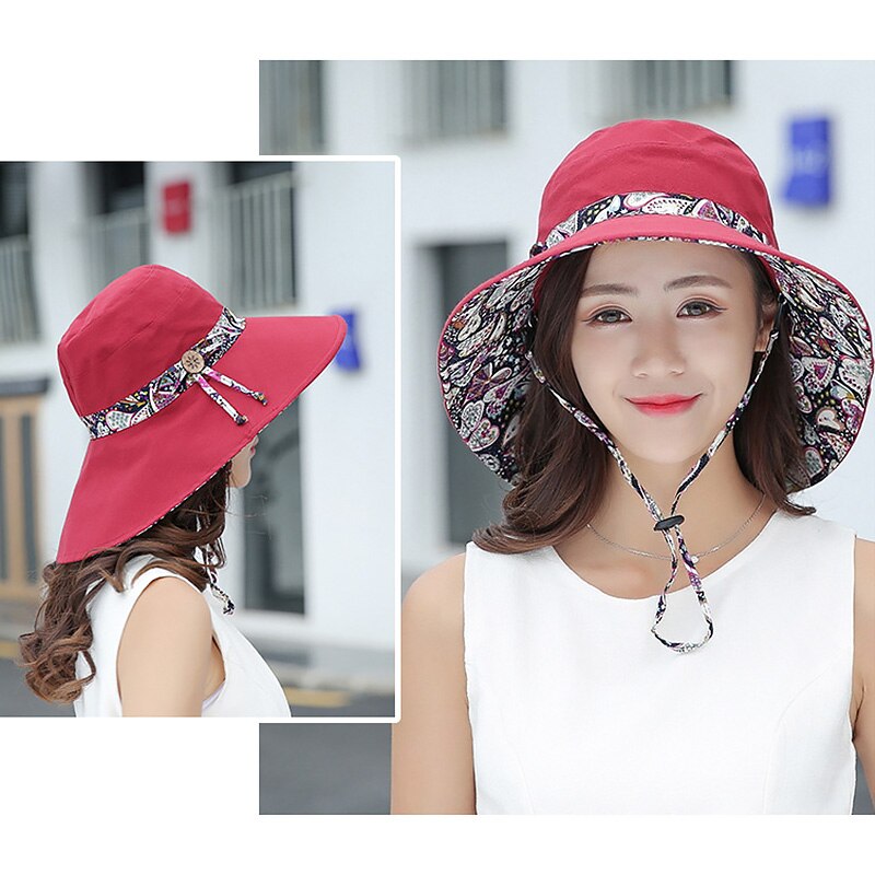 Female Flower Print Double-sided Cotton Linen Sun Hat Women Big Wide Brim Anti-UV Foldable Beach Hats Lady's Bucket Hat