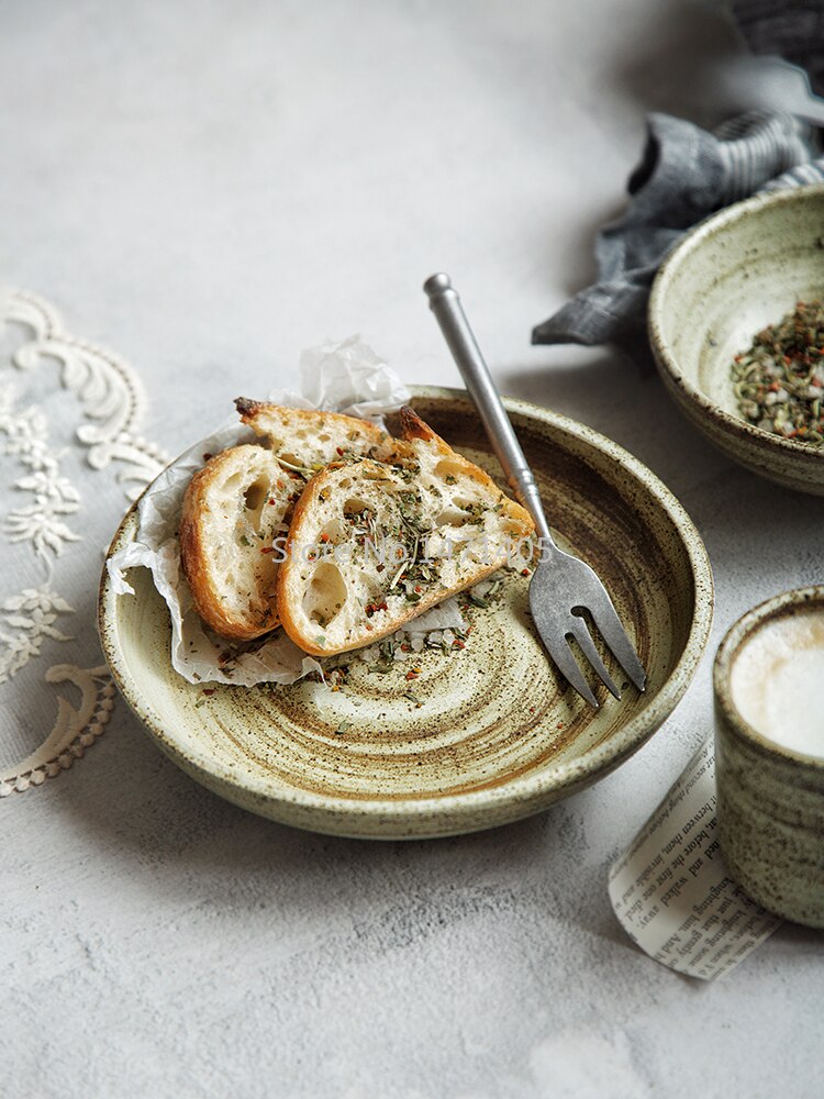 Japanese Style Handmade Ceramic Retro Home Restaurant with Fish Deep Dish Steak Plate Rice Bowl Teacup