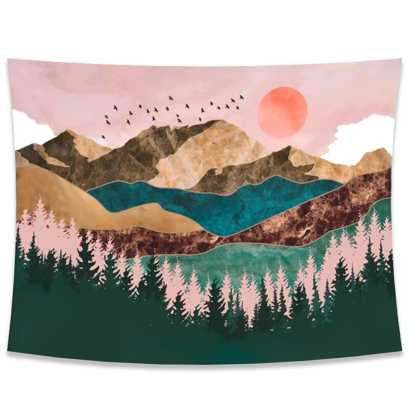 Mural de paisaje abstracto moderno, tapiz de pared de poliéster para decoración del hogar, montaña al atardecer, bosque, Pirnt Asuka: 180X230cm