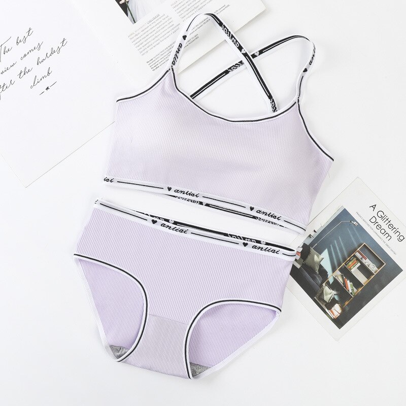 Girls Bra and Panty Sets Teenage Padded Sport Training Bra+Panties Puberty Students Letter Printed Brassiere Underwear Panties: light purple