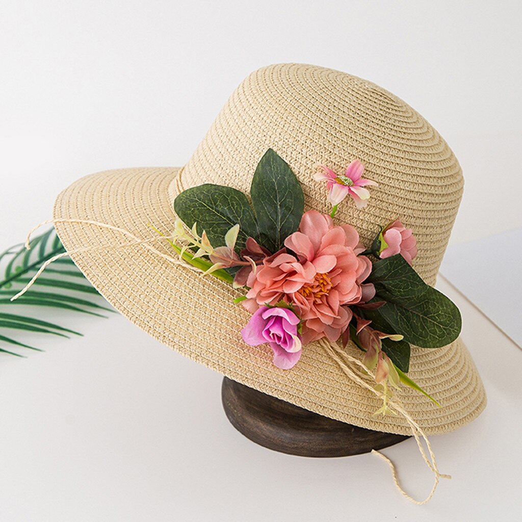 Sombrero transpirable de flores para niña de 2 a 6 años, sombrero de paja para playa, accesorios para el cabello: Beige