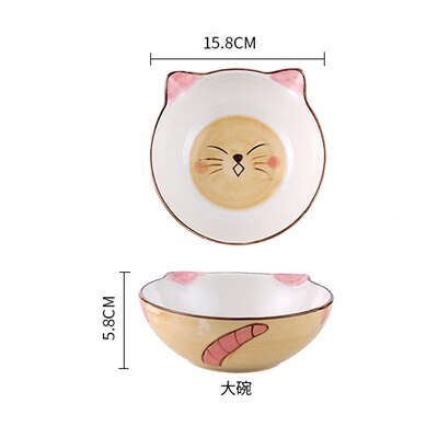 Cute Cat Ceramic Dinner Plate Dish Bowl Spoon Set Cartoon Porcelain Food Container Kids breakfast Dinnerware Set: Yellow Big bowl