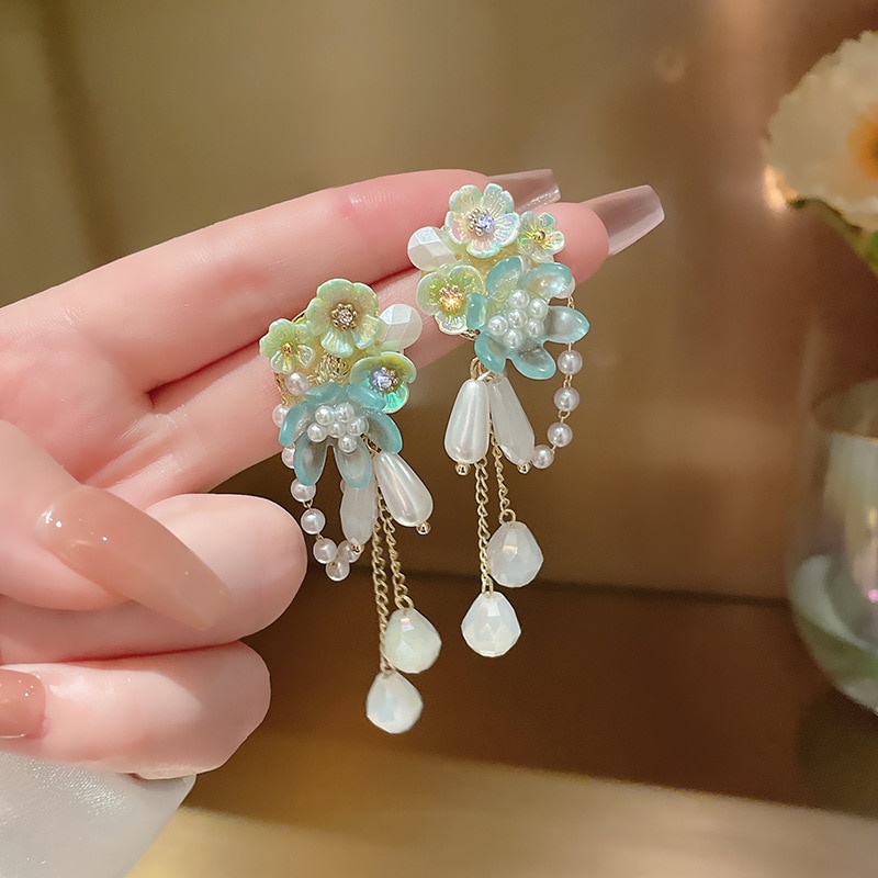 Oval Pearl Resin Flower Tassel Summer Earrings Beach Jewelry Boho Green pendientes