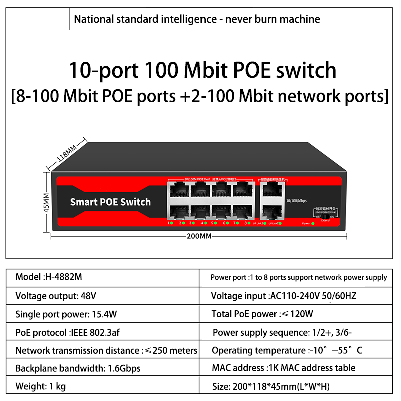 Série POE Switch gigabit ethernet 4/6/8/16/24 portas, POE ativo para câmeras IP, switch AP sem fio, Gigabit IEEE 802.3 AF/AT: Preto