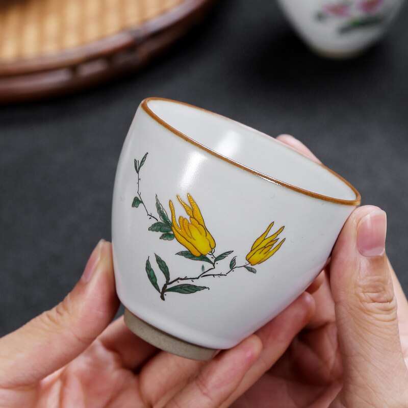 Taza de té China pintada a mano, juego de cerámica hecho a mano, taza maestra, tazón de té, taza individual portátil Personal, 4 piezas