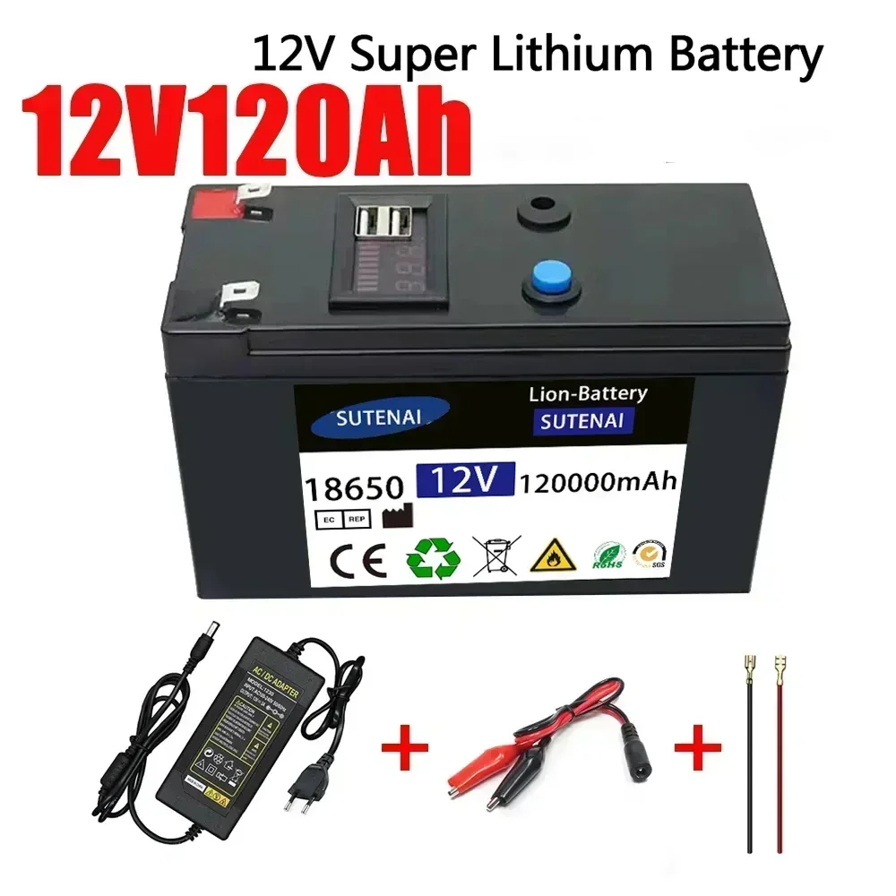 NEW253 12V Battery 120Ah 18650 lithium battery pack Rechargeable battery for solar energy electric vehicle battery+12.6v3A charg