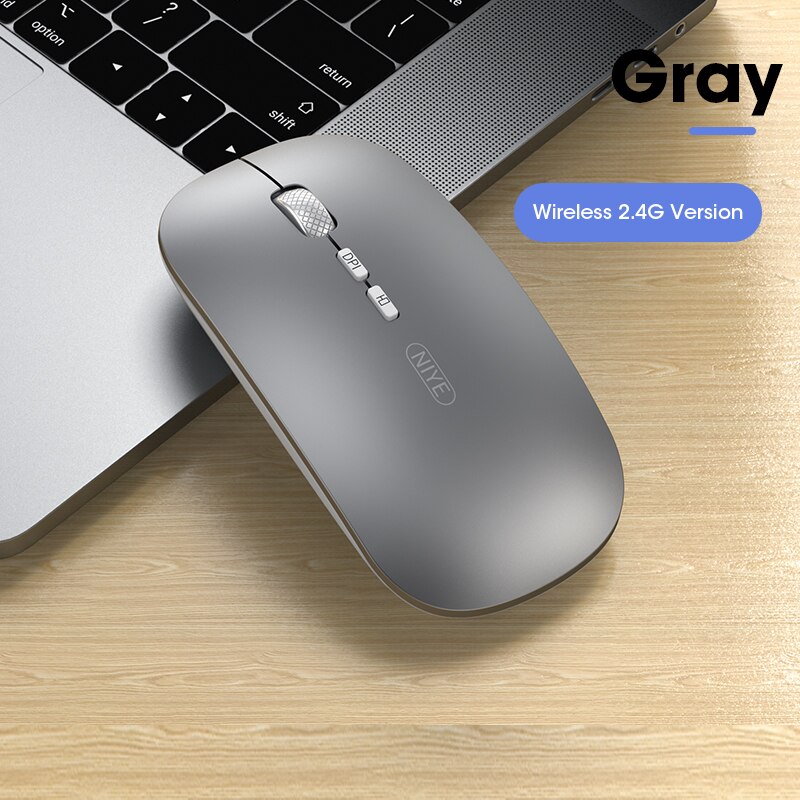 Niye Rechargeable Wireless Mouse - Bluetooth & 2.4GHz USB - Silent Click - Adjustable DPI - for iPad, Laptop, PC: USB Wireless Gray