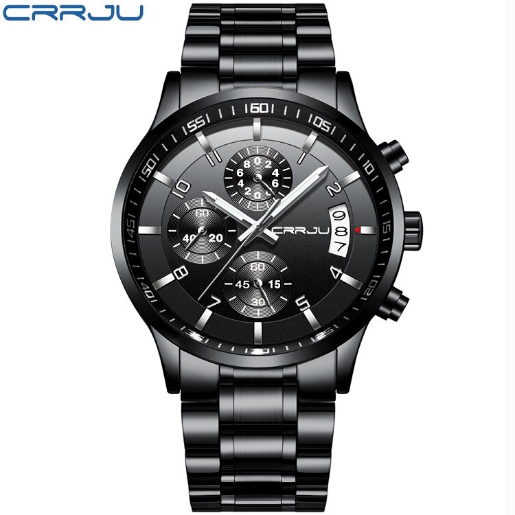 CRRJU cronógrafo relojes duraderos hombres Casual negocios impermeable oro negro Acero completo cuarzo reloj Relogio Masculino 2214: black