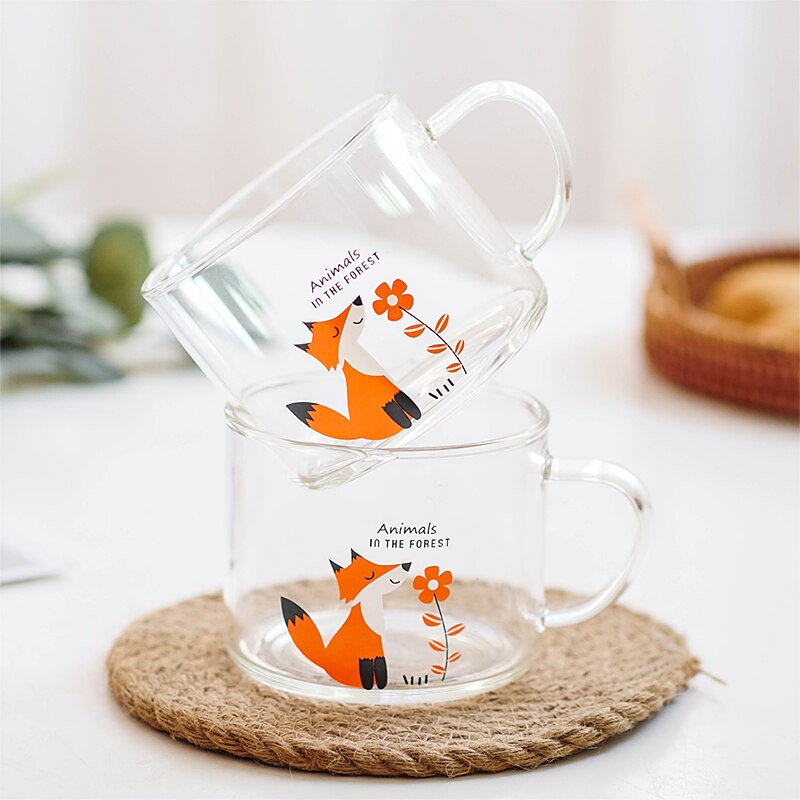 Cute Fox Coffee Mugs Breakfast Animal Milk Juice Tea Heat Resistant With Handle Cup Transparent Thickening Home