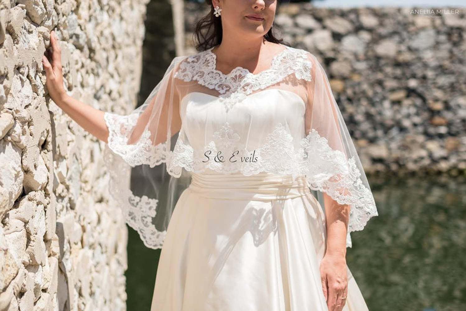Bridal Cape with Lace - shoulders cover up dress shawl short sleeves shawl lace bridal applique