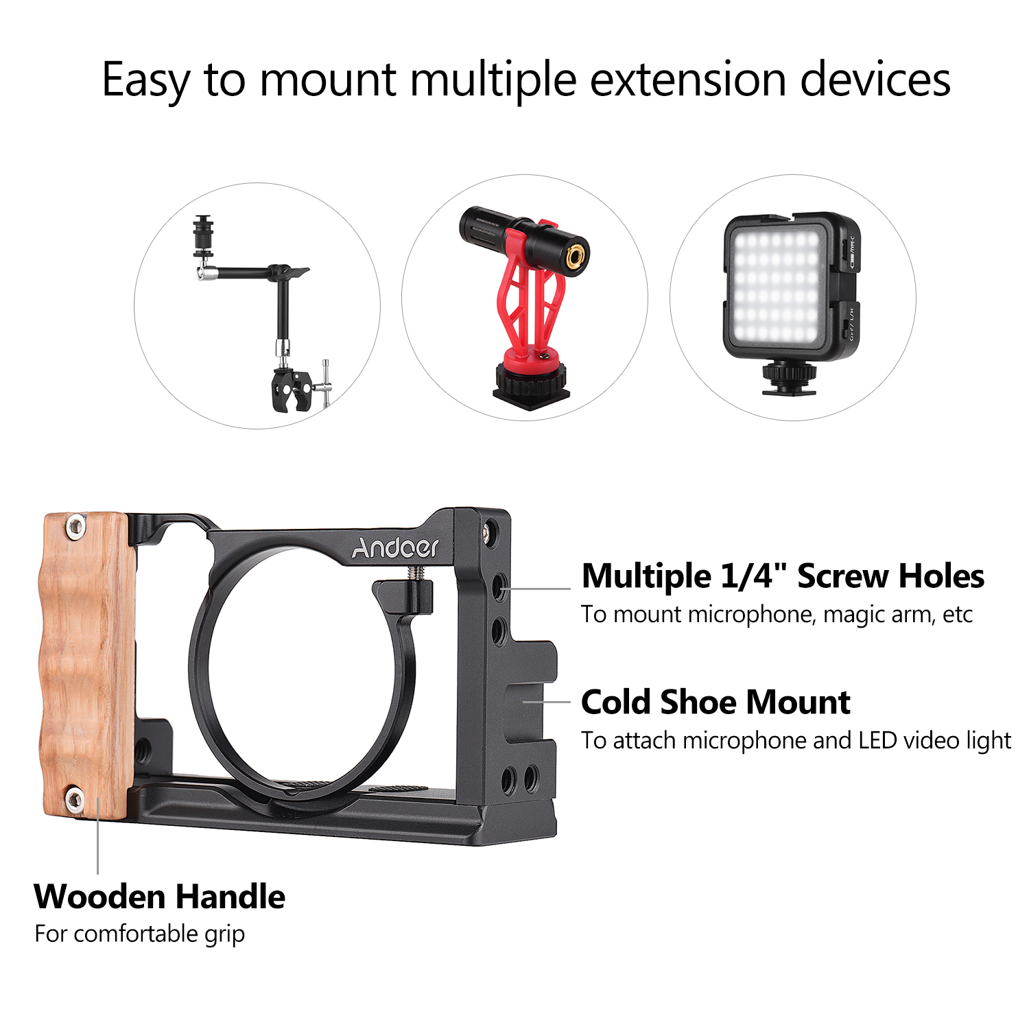 Andoer Metal Aluminum Camera Cage for Sony RX100 VI/VII with Cold Shoe Mount 1/4 Screw Wooden Hand Grip Vlogging Shooting