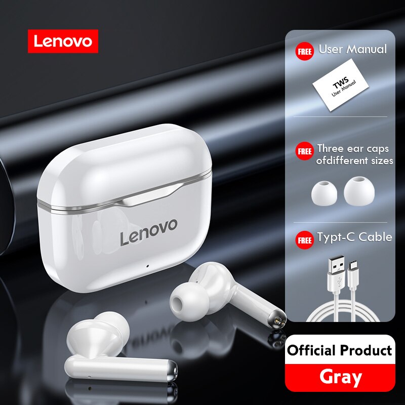 Lenovo LP1 Wireless Headphones Sport Waterproof Bluetooth Headphones 300mAh Charging Box HIFI Stereo Sound Earphones with Mic: gray