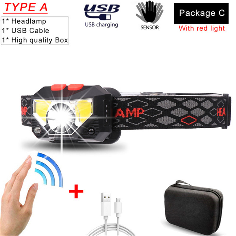 Meest Krachtige Led Koplamp T6 + Cob Led Oplaadbare Body Motion Sensor Zaklamp Head Light Fakkel Lamp Met Usb Camping vis