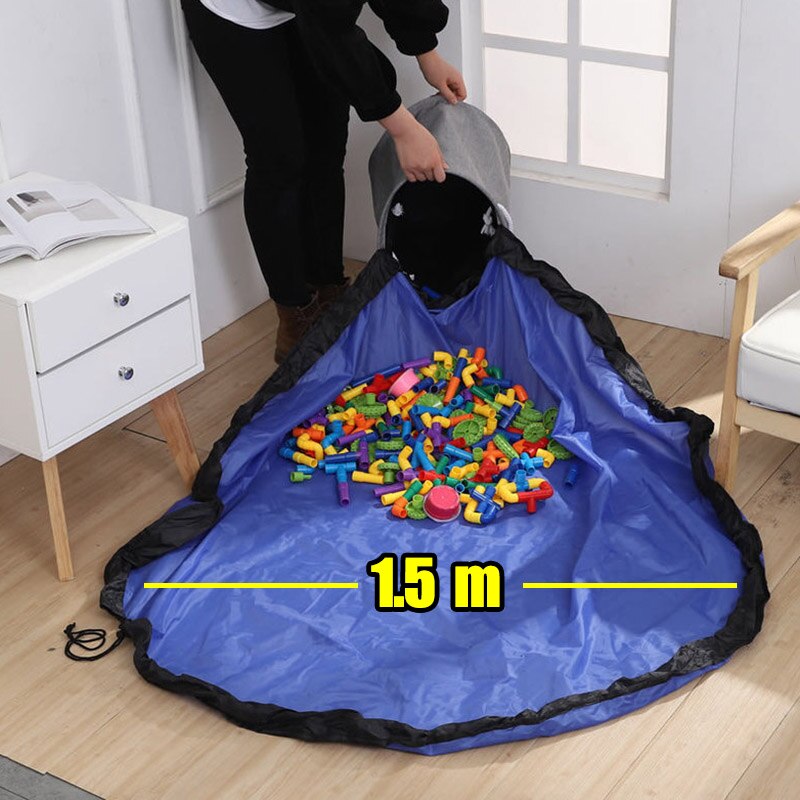 Påse praktiska förvaringsleksaker lekmatta bärbar barnleksak förvaringsväska och lekmatta arrangör dragsko behållare: 1.5m blå