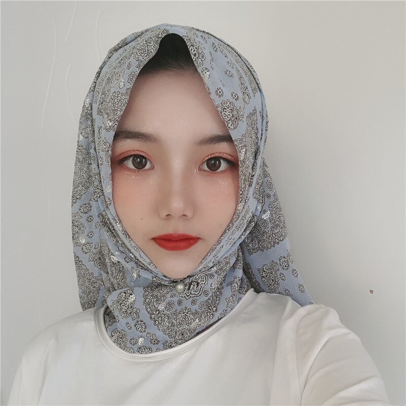 Muslim headscarf retro chiffon crepe scarf silver print long scarf Dubai headscarf hijab: dusty blue