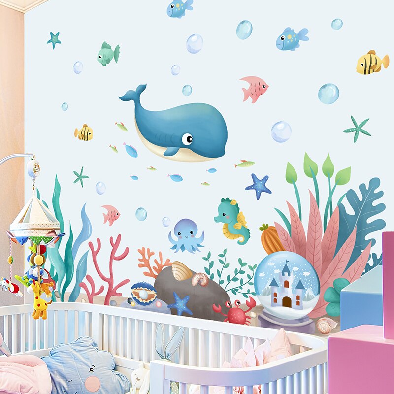 Submarine Coral Clusters Plants Wall Sticker DIY Whale Fish Wall Decals for Kids Room Baby Bedroom Bathroom House Decoration