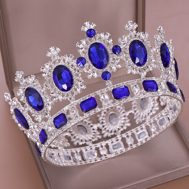 Vintage Barokke Blauw Groen Rode Kristal Grote Ronde Tiara En Kronen Strass Diadeem Voor Koningin Koning Bridal Bruiloft Accessoires