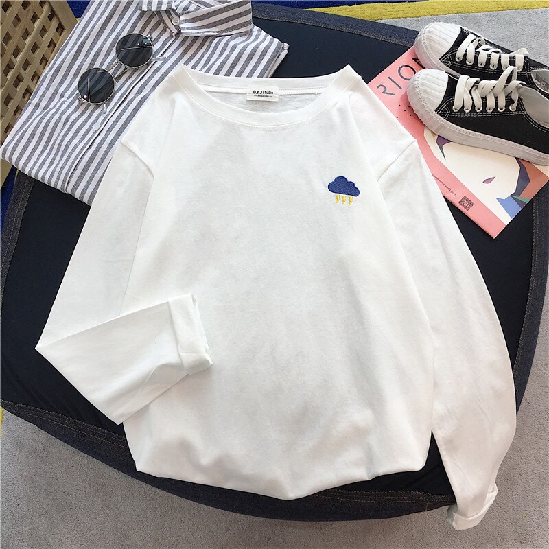 Kvinder tegneserie broderi t-shirts harajuku enkel t-shirt efterår lange ærmer afslappet løs t-shirt studerende sjove t-shirt toppe: Hvid / Xxl