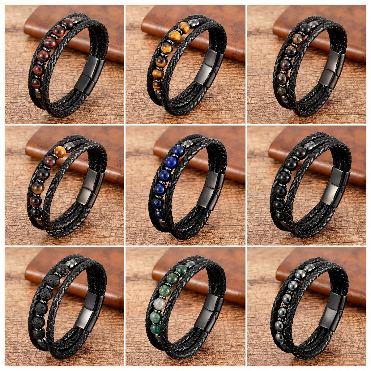 Pulseras de cuero multicapa para hombre y mujer, joyería de 9 estilos, pulseras de cuentas de piedra redonda de 8mm, del Día de San Valentín,
