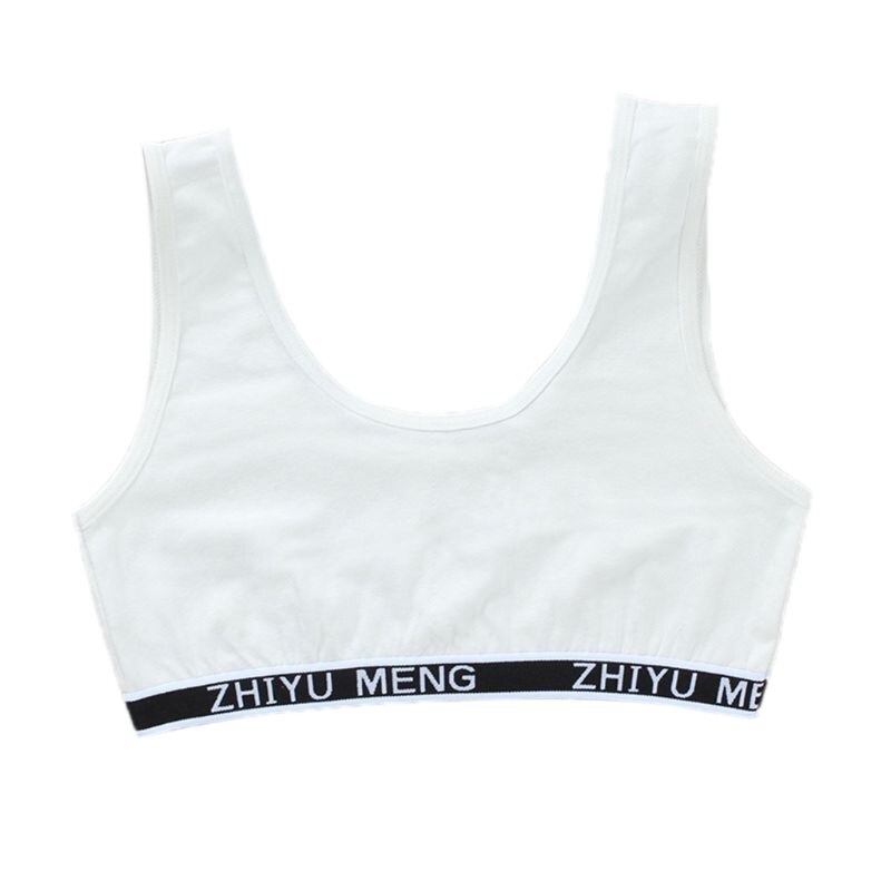 Niños algodón deportes entrenamiento Bra ropa interior de letras de Color impreso escote adolescente pubertad chica Bralette sin aros chaleco: White