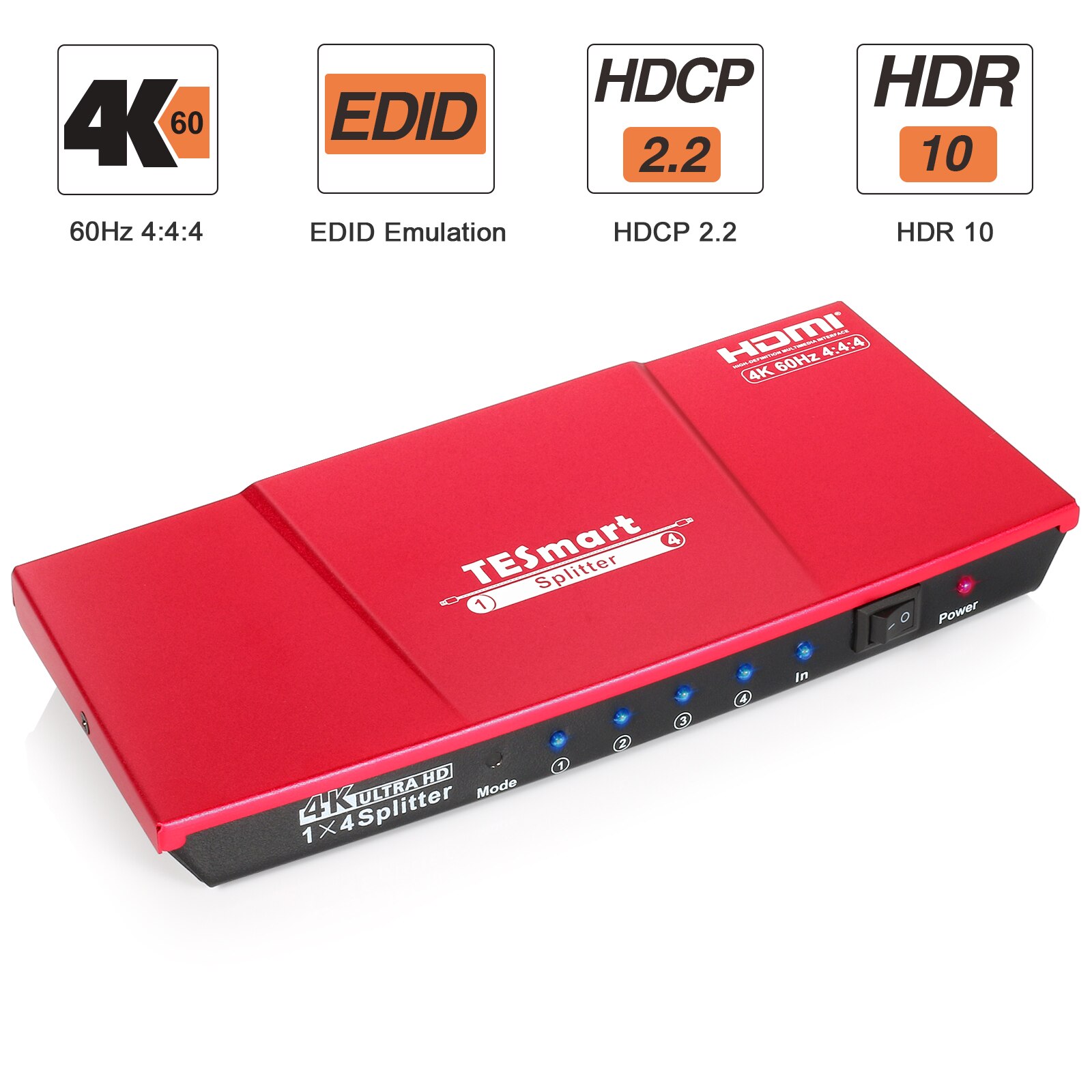 Tesmart Hdmi Splitter 1X4, Uhd 4K @ 60Hz 4:4:4 Ondersteunt Hdcp 2.2, 18Gbps, HDR10, Dolby Vision, Lpcm 7.1 Met Smart Edid: TES-HSP0104A1U-Red / au