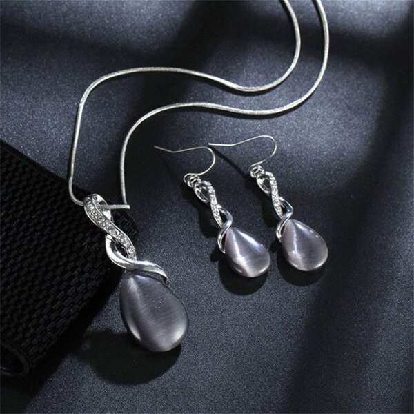 Opal Pendant Necklace Earring Set Two-Piece Zirconia Pendant Necklace Pendant Bride Wedding