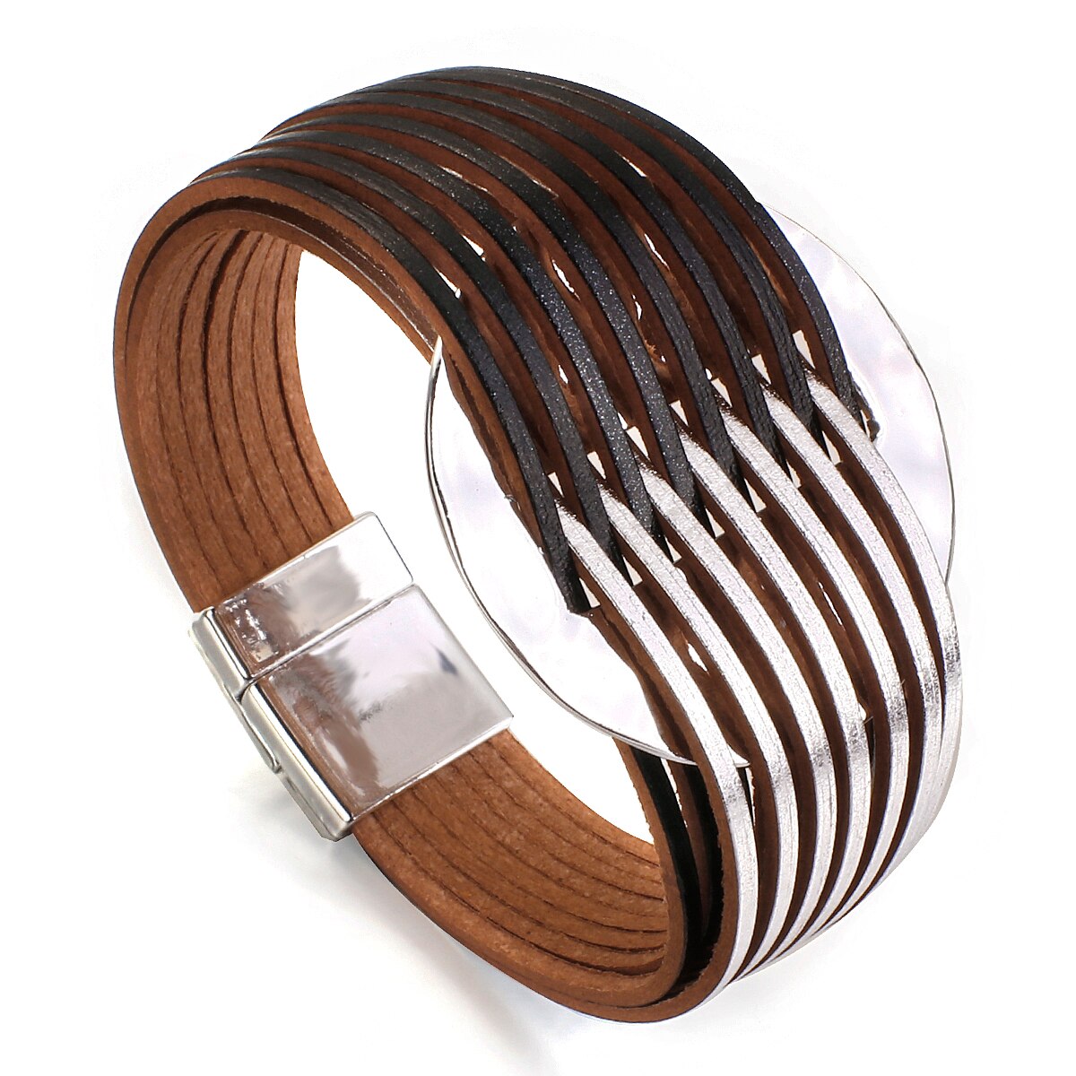 Amorcome Macaron Color Mulitlayer Slim Wrap Leather Bracelets for Women Round Charm Bracelet Female Jewelry: Silver Black