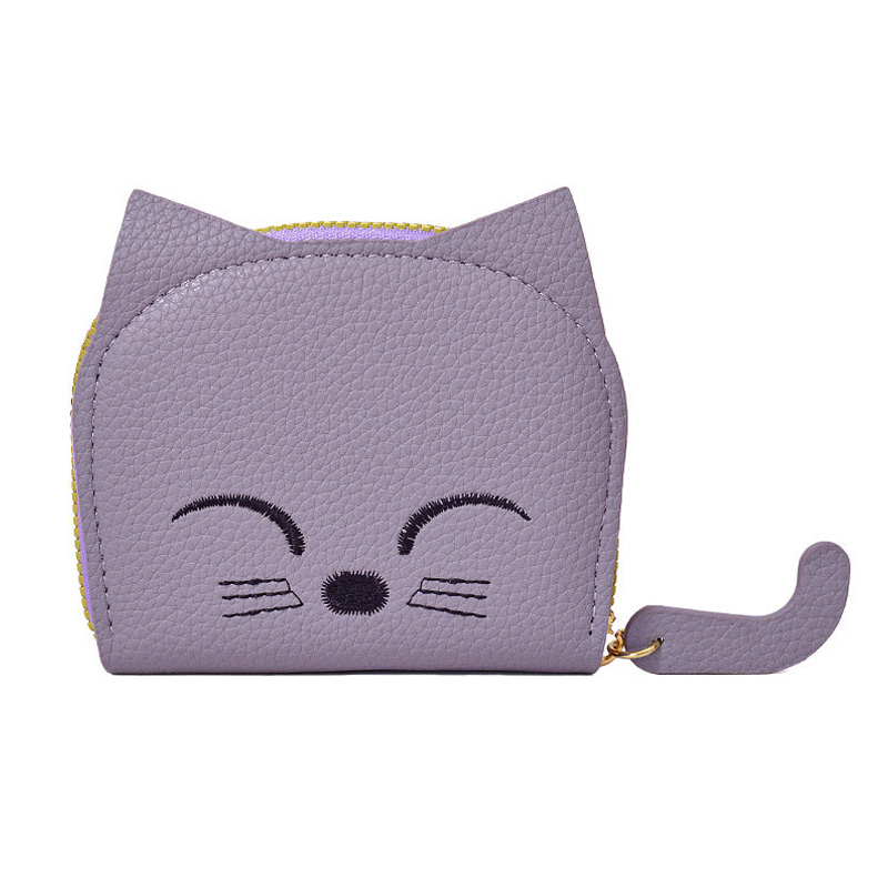 Cute Cat Wallet Women PU Leather Mini Purse Multi-Slot Credit ID Card Holder Cartoon Business Card Case Zipper Coin Bags Clutch: Brown