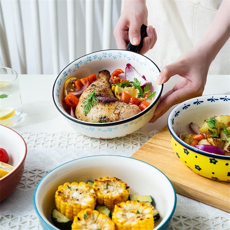 Ceramic Hand-painted Glazed Baking Bowl with Handle French Onion Soup Salad Bowl Roasting Lasagna Pan Round Bakeware