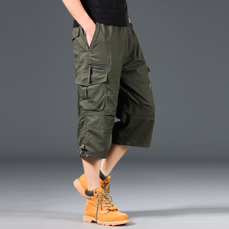 Short d'été ample et décontracté pour hommes, tendance, taille élastique, grande taille, jogging en plein air, pantalon de survêtement multi-poches: XXL / vert militaire