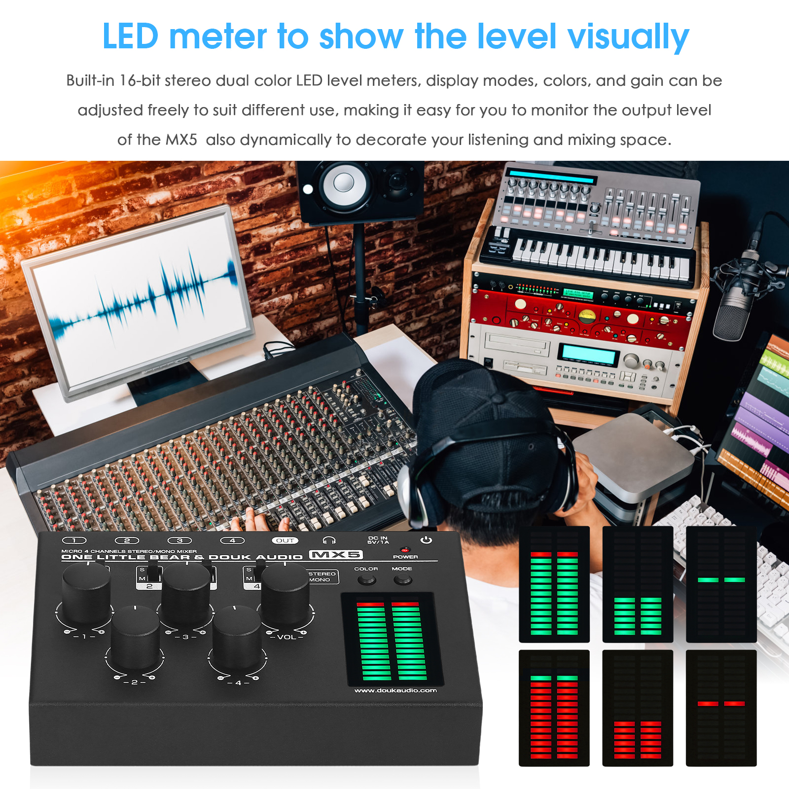Douk Audio MX5 Mono/Stereo 4 Channel Audio Mixer Ultra Low-Noise Line Mixer 6.35/3.5mm LED Level Meter for Club/Studio DC5V