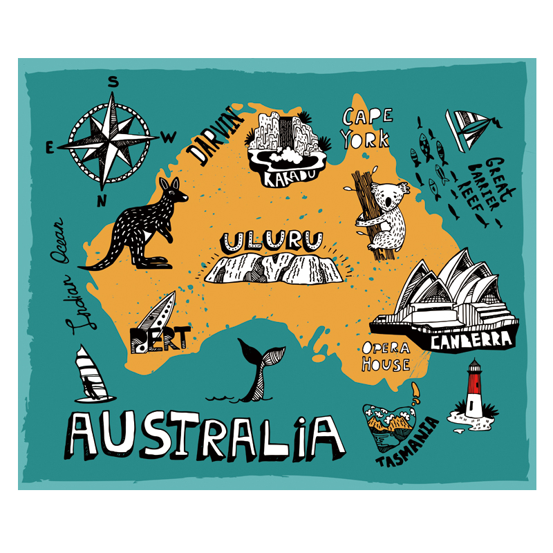 Australië Carton Illustratie Kaart Poster Size Wanddecoratie Grote Kaart van Australië 80x66 Waterdicht en scheurbestendig