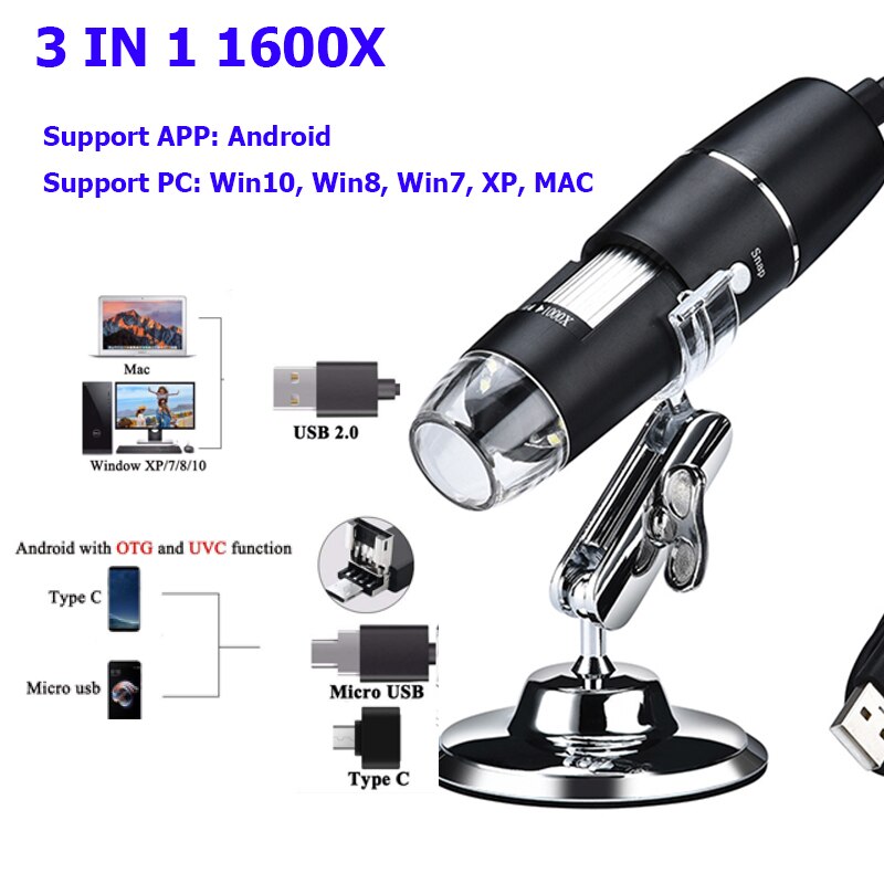 1000x / 1600x led usb digital mikroskop endoskop kamera mikroskop för mobiltelefon reparation hår hud inspektion