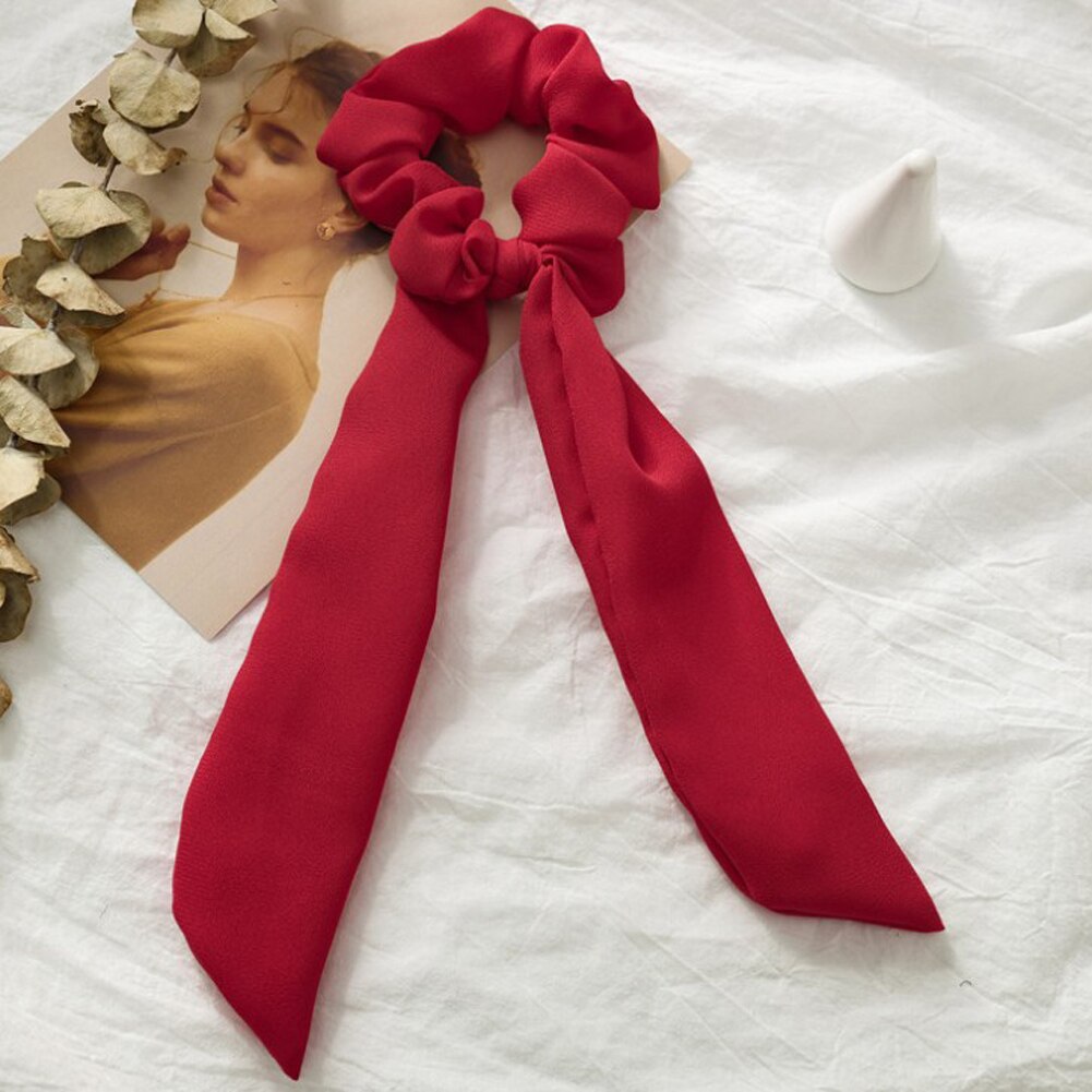 Solid Chiffon Ponytail Scrunchie Hair Ties Elastic Hair Rope for Women Hair Bow Ties Hair Bands Black Red Pink Ribbon Hairbands: Red