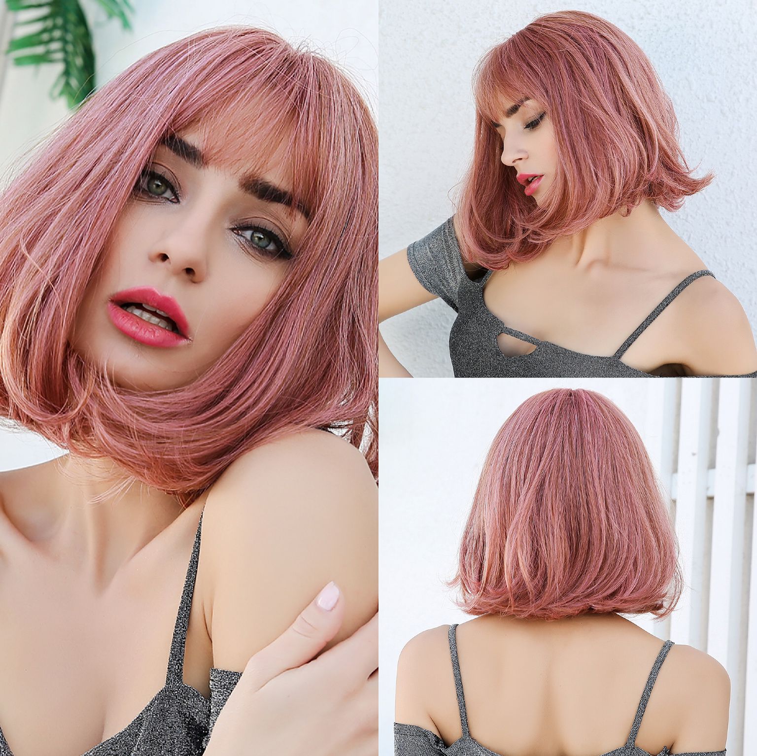 Element Synthetic Short Straight Bob Wigs for White/Black Women Ombre Brown Blonde Cosplay Party or Daily Wigs with Bangs: ss159