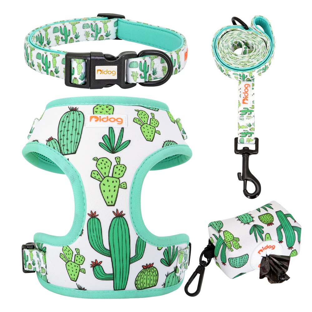 Print Dog Collar Harness Leash Poop Bag Set Adjustable Pet Collars Vests For Small Medium Dogs Pets Walking Rope Garbage Bags: Blue / XS